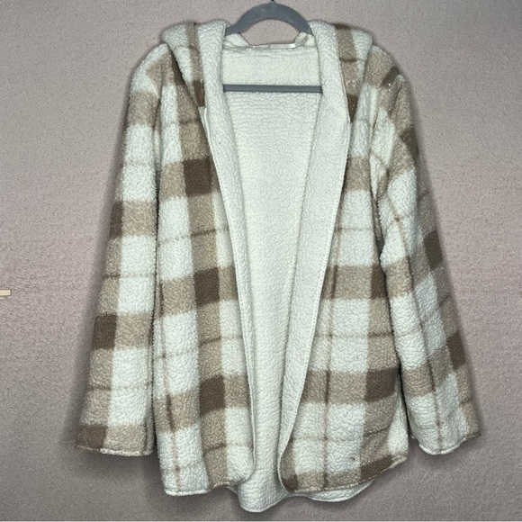 Faux Wool Sherpa Lounge Jacket-Cream/Tan-Women’s L-Loungewear-Cozy-Homebody-Hood - Picture 1 of 6